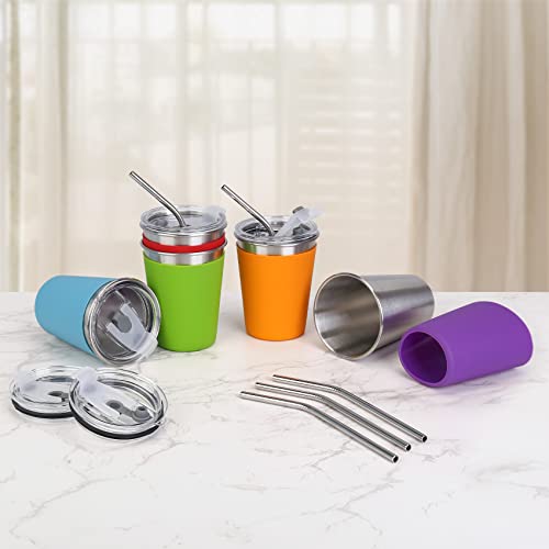 Kids Cups with Straws, 12oz Stacking Cups with 5 Colorful Silicone Sleeves - color: Blue/Orange/Red/Green/Purple