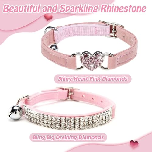 BINGPET Diamond Cat Collar,Adjustable Soft Velvet Leather Safe Kitten Collar with Shiny Rhinestones and Bells,Girl Boy Bling Cat Collars with Safety Elastic for Small Medium Cats Pack of 2（Pink） - color: Pink(Heart & Rhinestones), size: Neck Girth 8"-10"