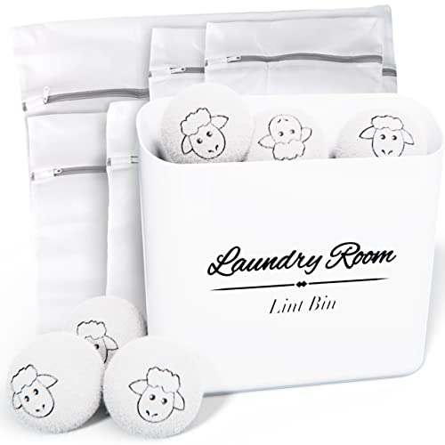 ALBEN Bundle: Magnetic Lint Bin for Laundry Room, Wool Dryer Balls, and Mesh Garment Bags - The Ultimate Lint Container for Laundry Room and More (Farmhouse White)