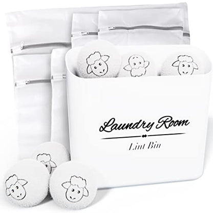 ALBEN Bundle: Magnetic Lint Bin for Laundry Room, Wool Dryer Balls, and Mesh Garment Bags - The Ultimate Lint Container for Laundry Room and More (Farmhouse White)