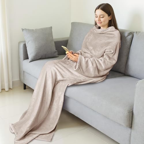 Catalonia Wearable Blanket with Sleeves for Women & Men, Fleece Wrap Throw - color: Latte