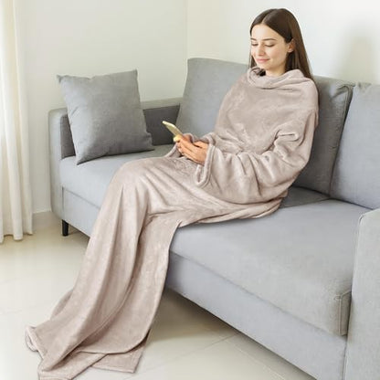 Catalonia Wearable Blanket with Sleeves for Women & Men, Fleece Wrap Throw - color: Latte