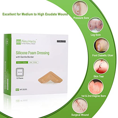 NeuHeils Border Silicone Foam Dressing 4"x4", 10 Pack for Bed Sores - size: 4x4 Inch (Pack of 10)
