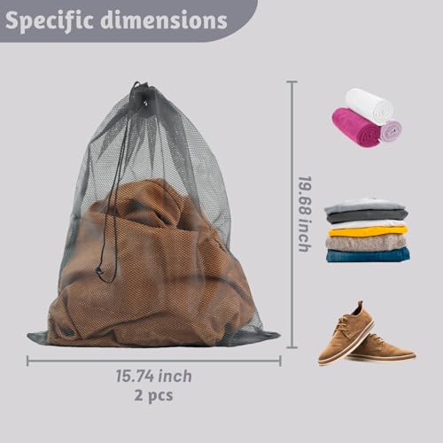 2 Pack Mesh Laundry Bags 16x20 Inch - Heavy Duty Drawstring Wash Bags for Travel, College Dorm, Sports, Home, Black - size: L+L