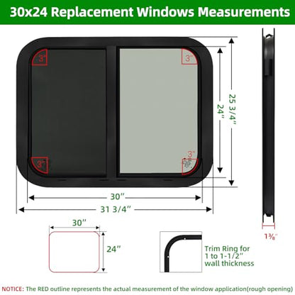 30"W x 24"H RV Windows for Cargo Trailer Camper,Tinted Horizontal Sliding - size: 30"W x 24"H