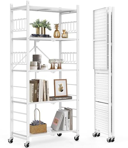 Himix 5-Tier Foldable Storage Shelves 20 Hooks Wheels White No Assembly - color: White, size: 5-Tier