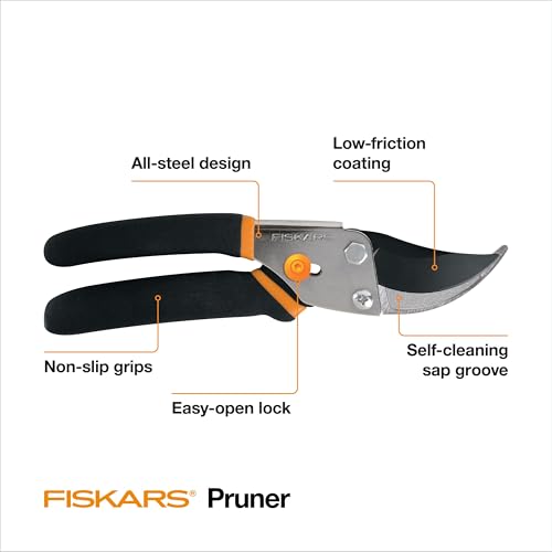 Fiskars Bypass Pruning Shears, 5/8" Cut Capacity Garden Clippers | Self-Cleaning Sap Groove Prevents Sticking, Non-Slip Grip for Cutting Stems & Branches, Steel Blades w/ Low-Friction Coating - style: Bypass Pruner