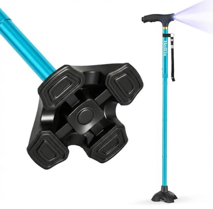 Walking Cane with LED Light, Foldable,Adjustable, Self Standing Walking Canes for Men & Women,Walking Sticks with Quad Base for Seniors & Adults - color: Blue