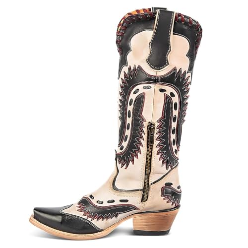 Yishaweiqi Embroidered Cowboy Boots for Women Mid Calf Cowgirl Boots Side Zipper Chunky Heel Snip Toe Knee High Western Boots - color: Black White, size: 8.5