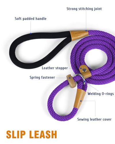 Dog Leash Slip Lead Braided Rope Pet Training Loop Leashes 5ft 6ft 8ft | Lynxking Strong Heavy Duty 1/2" 3/8", Durable Padded Handle No Pull Basic Training Nylon Lead,Small Medium Large Dogs Puppy - color: Purple