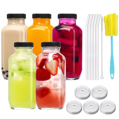 CUCUMI 5pcs 16oz Glass Juice Bottles with Lids - color: 5 Pack, size: 16oz
