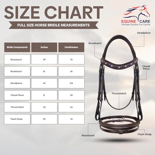 Equine Care English Horse Bridle with Reins, Padded, 6 Browband Styles | Hunter show bridles: classic fancy stitched or crystal browbands; padded crown, harness leather; bit not included - color: Havana Brown with Blue & Clear