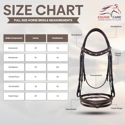 Equine Care English Horse Bridle with Reins, Padded, 6 Browband Styles - color: Havana Brown with Blue & Clear