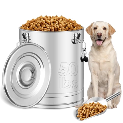 Stainless Steel Dog Food Storage Container,50LB/55LB Airtight Dog Food Storage Container with Lid to Keep Fresh,Easy Clean Large Pet Food Storage Container with Scoop for Cat Food,Chicken Feed,Rice - size: 50 LBS