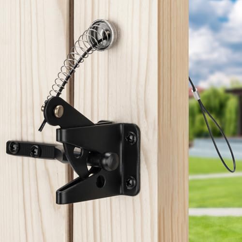 Self Locking Gate Latch with Spring Cable Pull, Heavy Duty Automatic Gravity Lever Gate Fence Door Latches for Wooden Fence/Vinyl Door/Outdoor Secure Pool/Garden, Black-1 Pack