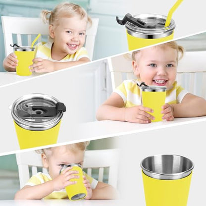 Stainless Steel Kids Cups with Lids, 5 Pack 12oz Spill Proof Cups - color: Orange, Green, Light Blue, Pink, Yellow