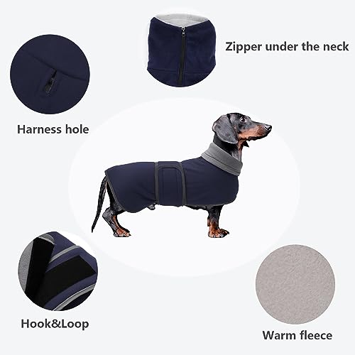 Dachshund Coats Sausage Dog Fleece Coat in Winter Miniature Dachshund Clothes with Hook and Loop Closure and high vis Reflective Trim Safety - Navy - S - color: Navy, size: Small(Back: 14"-15"in)