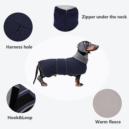 Dachshund Coats Sausage Dog Fleece Coat in Winter Miniature Dachshund Clothes with Hook and Loop Closure and high vis Reflective Trim Safety - Navy - S - color: Navy, size: Small(Back: 14"-15"in)