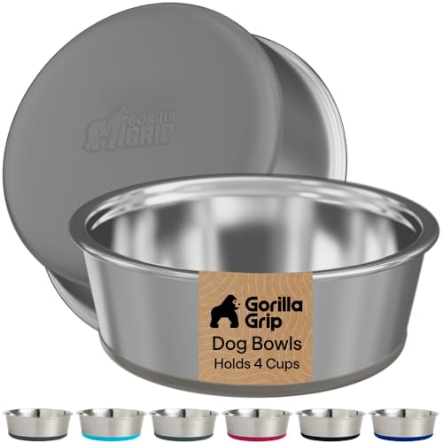 GORILLA GRIP Dog Bowls, Food Grade Stainless Steel, Set of 2, 4 Cup, Gray | 304 Stainless Steel Pet Feeding Bowls Hold 32 fl oz Each, Dishwasher Safe, Rust Resistant, BPA Free Rubber Base - color: Gray, size: 4 Cup (32 Oz)