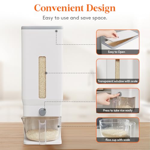 Lifewit Rice Dispenser 25 Lbs, Airtight Storage with Measuring Cup, White - color: White