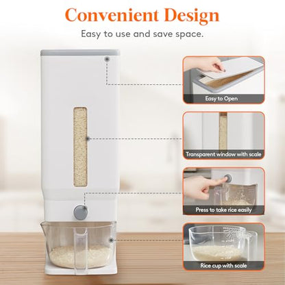Lifewit Rice Dispenser 25 Lbs, Airtight Storage with Measuring Cup, White - color: White