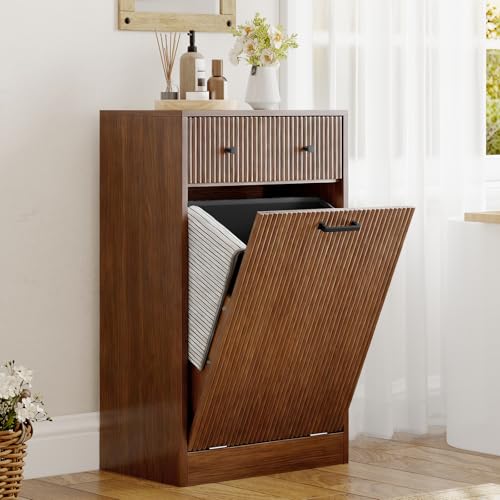 10 Gallon Tilt Out Trash Can Cabinet with Drawer, Hidden Trash Bin Storage & Laundry Hamper Cabinet, Pet Proof Trash Can Holder for Kitchen, Laundry Room & Bathroom, Walnut - color: Walnut
