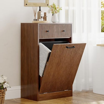 10 Gallon Tilt Out Trash Can Cabinet with Drawer, Hidden Trash Bin Storage & Laundry Hamper Cabinet, Pet Proof Trash Can Holder for Kitchen, Laundry Room & Bathroom, Walnut - color: Walnut