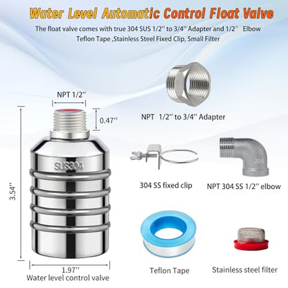2-Pack NPT 1/2" Float Valve, Leak-Proof 304 Stainless Steel Automatic Water Level Control Float Valve with 1/2" 3/4" Premium 304 SS Connections for Water Trough Fish Tank Pool Livestock