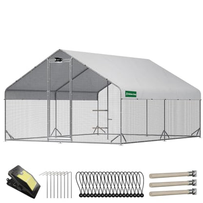 CHIKENCOOP 2-Room Metal Chicken Coop Run, Hardware Cloth, Solar Light - size: 156.0"L x 118.0"W x 78.0"H