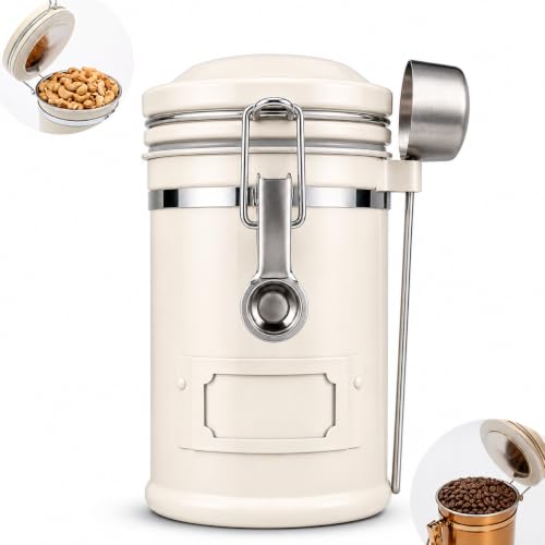 PRINCE G Airtight Coffee Canister with Scoop – Premium Stainless Steel Coffee Storage Container – Light Blocking Vacuum Seal – Keeps Coffee Beans Fresh – 9.1 oz – Beige, - color: Beige