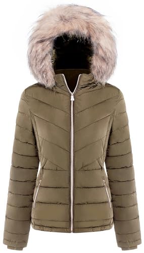 BodiLove Women's Fur Hooded Thickened Jacket with Fleece Lining - color: Olive (Light Weight), size: Small