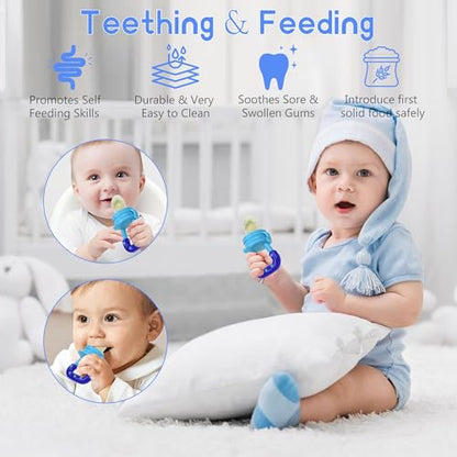 Baby Fruit Feeder Pacifier | Infant Food Feeder Pacifier & Food Dispensing Spoon | Fresh Fruit Teethers for Babies | Silicone Feeder Baby,Mesh teethers for Babies Gifts for Boys and Girls - color: 04-Blue