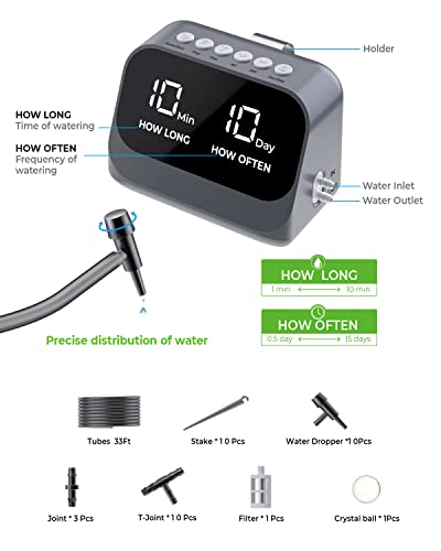 Automatic Watering for Potted Plants, Using a smart programmable Timer, Features a Waterproof LED Display, a high-Capacity Battery, and Precise Water Distribution. (Gray)