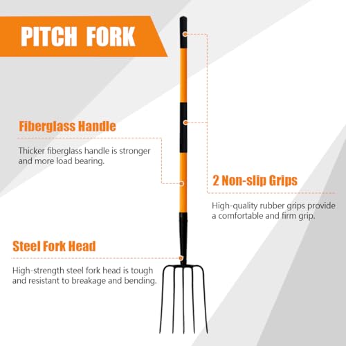 VNIMTI Pitch Fork for Gardening, 5 Tine Pitchfork Heavy Duty with Fiberglass Handle, 58 Inches
