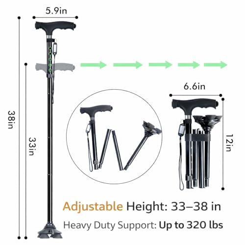 Folding Walking Cane for Seniors, Second Handle, Quad Base