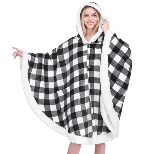 PAVILIA Hooded Blanket Poncho Fleece Wearable Shawl Wrap Throw, Plaid White | Fleece Shawl Wrap with Hood, Adult Wearable Blanket, Cozy Warm Poncho Cape Throw with Pockets, Gift for Elderly Mom - color: Checker White