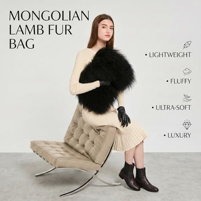 Women Luxury Real Curly Mongolian Lamb Fur Purse - color: Black