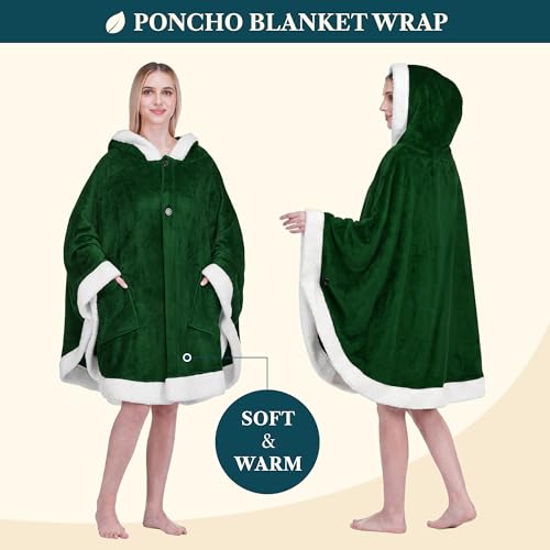 PAVILIA Hooded Blanket Poncho for Women, Fleece Wearable Shawl Wrap, Green | Fleece Shawl Wrap with Hood, Adult Wearable Blanket, Cozy Warm Poncho Cape Throw with Pockets, Gift for Elderly Mom - color: Green