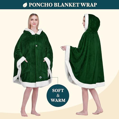 PAVILIA Hooded Blanket Poncho for Women, Fleece Wearable Shawl Wrap, Green | Fleece Shawl Wrap with Hood, Adult Wearable Blanket, Cozy Warm Poncho Cape Throw with Pockets, Gift for Elderly Mom - color: Green