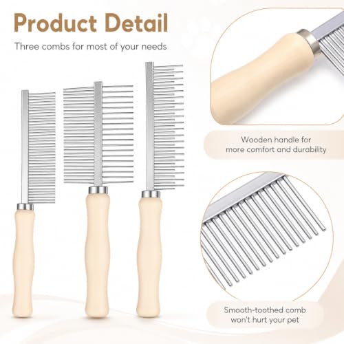 3 Pcs Metal Dog Grooming Comb with Wooden Handle for Grooming Matting | Metal Comb for Dogs Pet Grooming Comb for Dogs and Cats, Prevents Hair Pulling