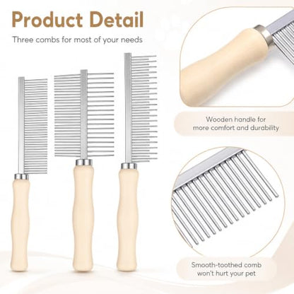 3 Pcs Metal Dog Grooming Comb with Wooden Handle for Grooming Matting | Metal Comb for Dogs Pet Grooming Comb for Dogs and Cats, Prevents Hair Pulling