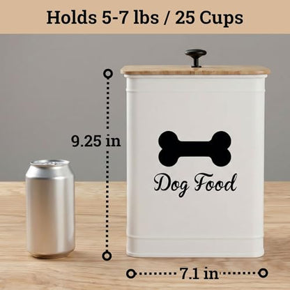 Metal Dog Food Container 5-7lb, 25 Cup w/ Airtight Bamboo Lid, Metal Handle - color: White: Bone
