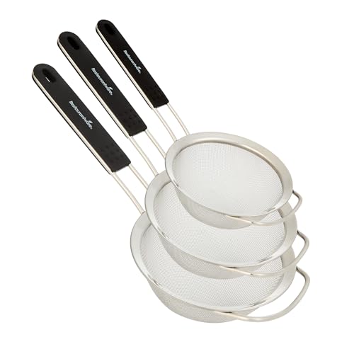 Restaurantware Fine Mesh Strainer Set of 3 Different Sizes with Silicone Handle Stainless Steel Extra Fine Mesh Strainer Heat-Resistant Handle Dishwasher-Safe for Rice, Quinoa, Pasta - size: Standard, Extra Fine Mesh-3-Piece Set
