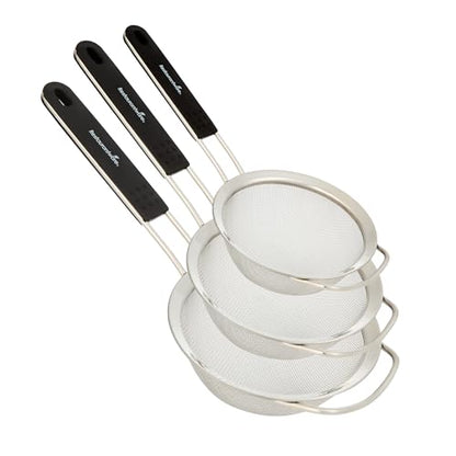 Restaurantware Fine Mesh Strainer Set of 3 Different Sizes with Silicone Handle Stainless Steel Extra Fine Mesh Strainer Heat-Resistant Handle Dishwasher-Safe for Rice, Quinoa, Pasta - size: Standard, Extra Fine Mesh-3-Piece Set