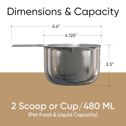 Color Up 2 Scoop (2 Cup / 480 ml) Stainless Steel Pet Food Measuring Scoop for Dogs, Cats, Rabbits & Birds – Dual Pour Spouts, Ergonomic Handle, Dishwasher Safe - size: 2 Scoop (2 Cup)