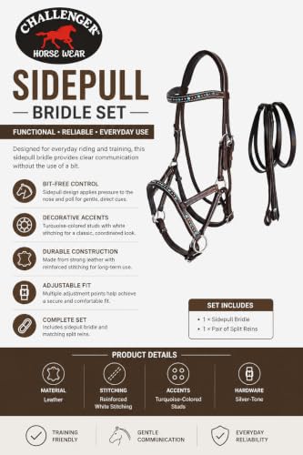 Horse Western Leather Beaded Bitless Sidepull Bridle Reins Rhinestone - color: Brown/Turquoise