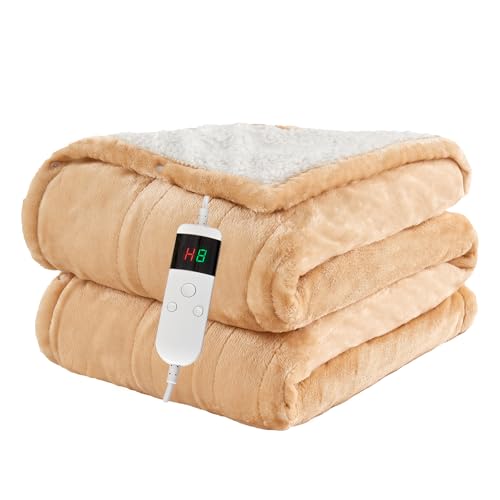Heated Blanket Electric Throw, 50"x60" Soft Flannel Heating Blanket with 8 Hours Auto Off 10 Fast Heating Levels Machine Washable Sherpa Heated Throw Blanket with Overheating Protection - color: Khaki, size: Throw(50" x 60")