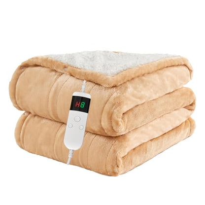 Heated Blanket Electric Throw, 50"x60" Soft Flannel Heating Blanket with 8 Hours Auto Off 10 Fast Heating Levels Machine Washable Sherpa Heated Throw Blanket with Overheating Protection - color: Khaki, size: Throw(50" x 60")