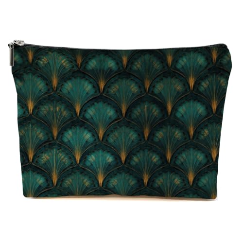 Blue Leaves Peacock Fan Leaf Makeup Bag Green Gold Cosmetic Bag - color: Multicolor 1607