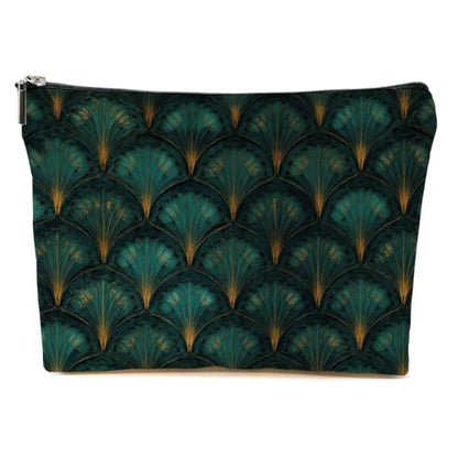 Blue Leaves Peacock Fan Leaf Makeup Bag Green Gold Cosmetic Bag - color: Multicolor 1607